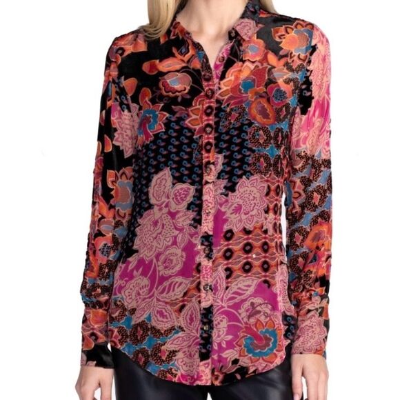 Johnny Was Tops - NEW Johnny Was Yrene Burnout Blouse Alvarado w/ Tank Top Velvet Silk Black Sz S